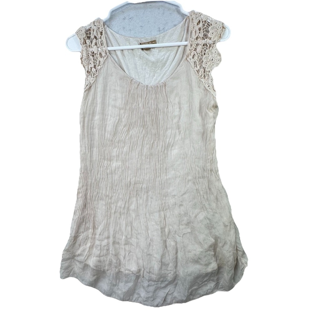Carla Conti 100% Silk Cream Crochet Lined Sleeveless Blouse L Tank Top Minimal